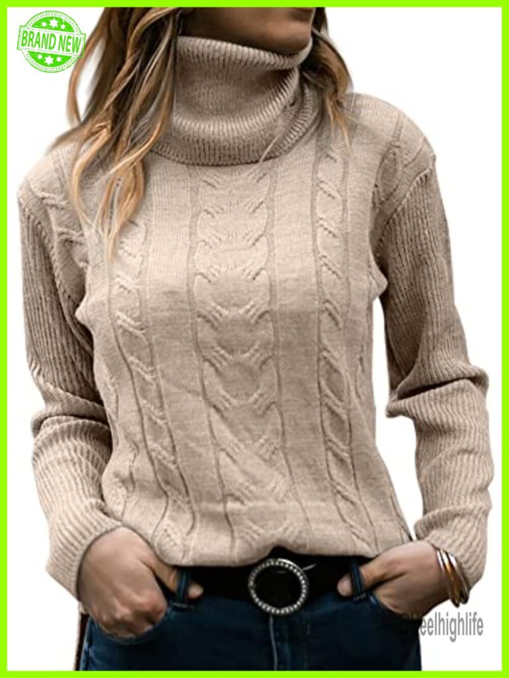 Turtleneck Long Sleeve Cable Knit Sweater Pullover Slim Fit